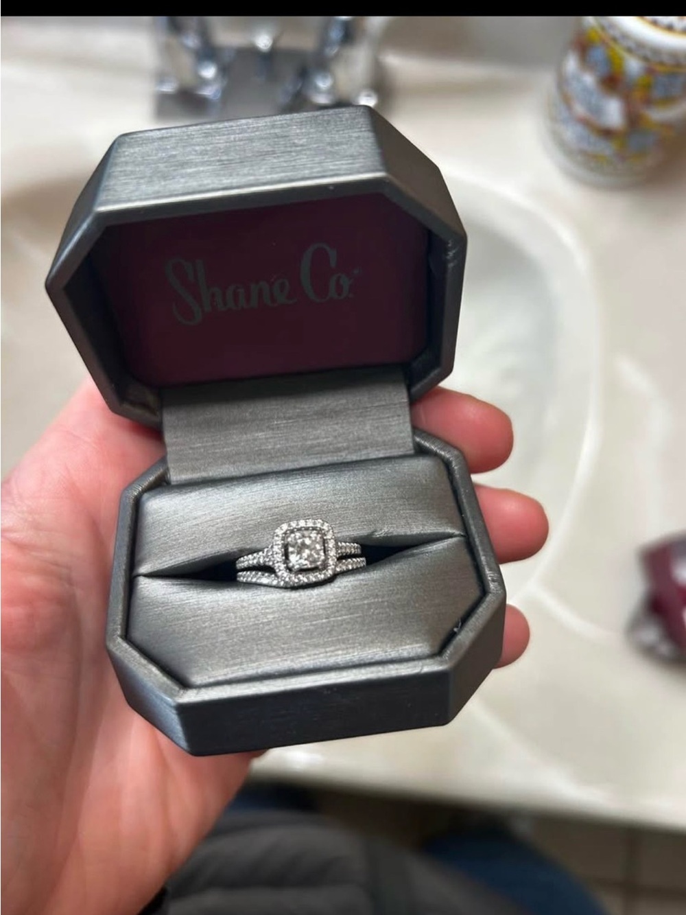 Shane Co. White Halo Diamond Engagement Ring with Matching Band